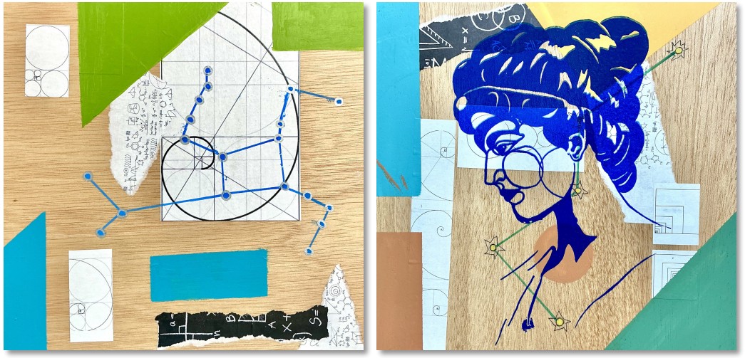 Obras en las que destacan las figuras geométricas y el rostro de Hipatia serigrafiado