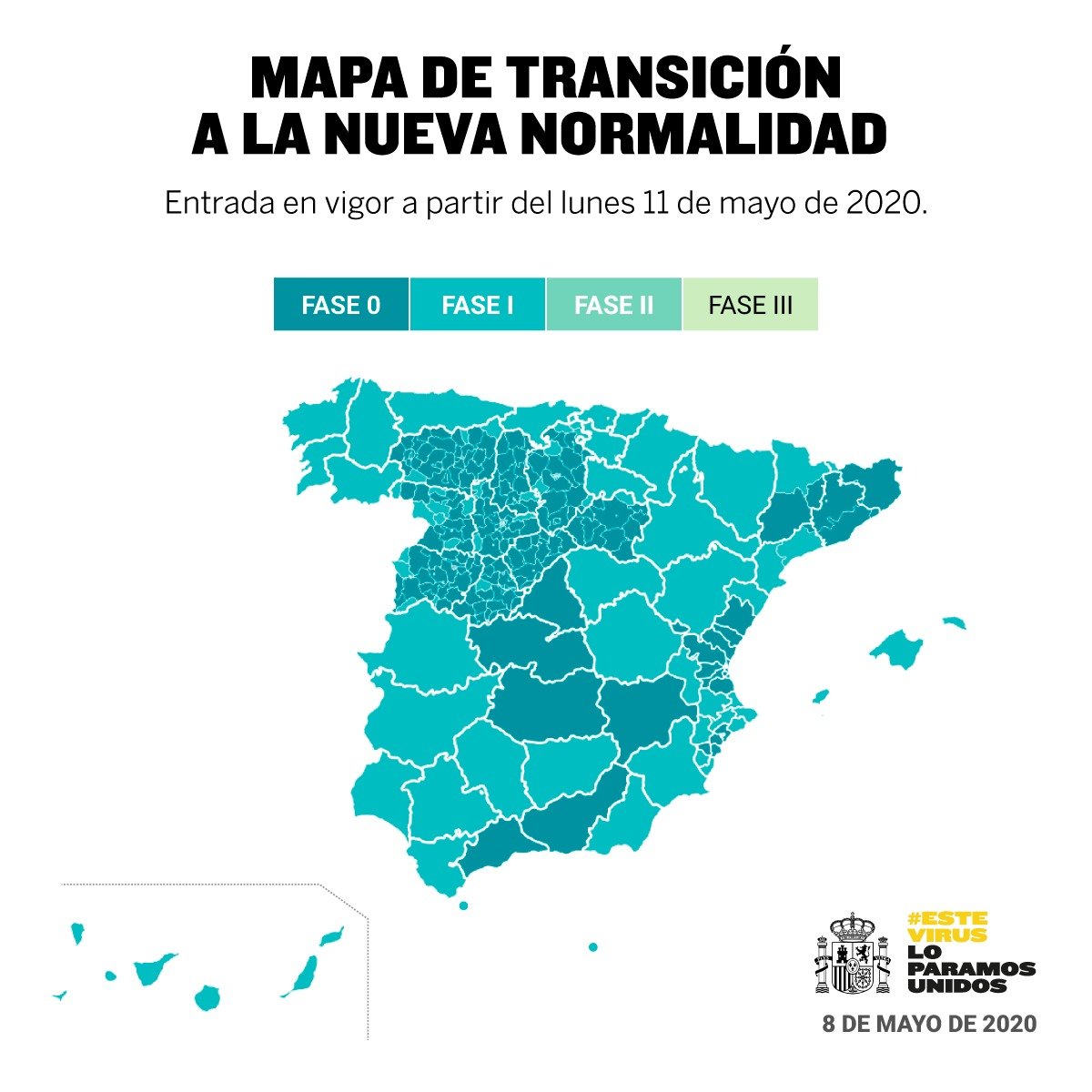 Mapa de España atendiendo al ritmo de desescalada por fases en cada región