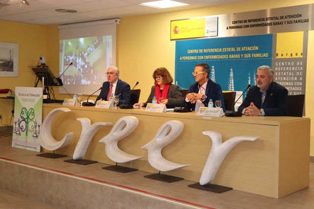 Inauguración de la XIV Escuela de Formación Creer-Feder con la participación de Juan Carrión Tudela, presidente de Feder y de su Fundación, Aitor Aparicio García, director del Creer, Pedro L. de la Fuente, subdelegado del Gobierno en Burgos y María Teresa Sancho Castiello, directora general del Imserso.