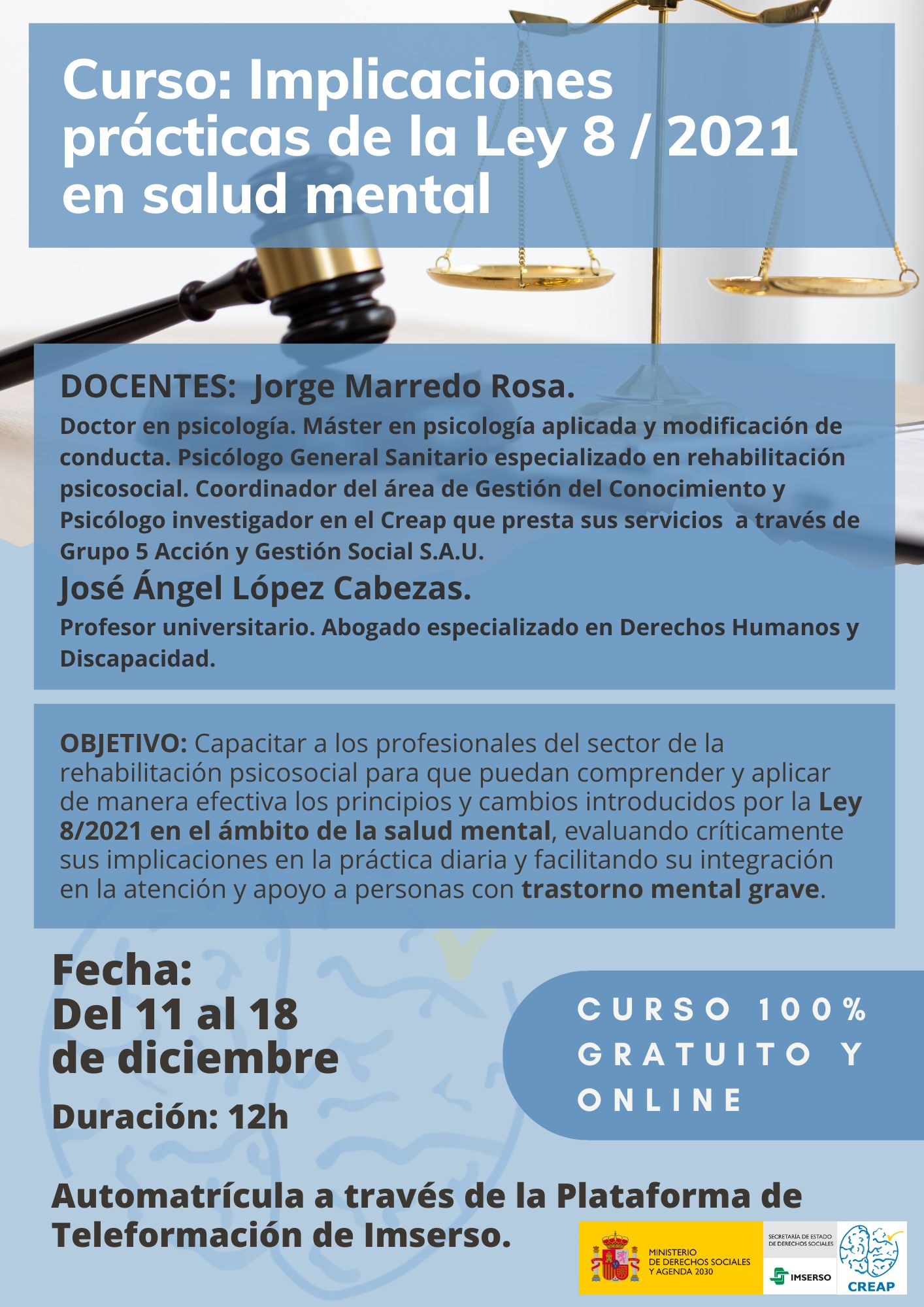 Cartel del curso Implicaciones prácticas de la Ley 8/2021 en Salud Mental Cartel del curso Implicaciones prácticas de la Ley 8/2021 en Salud Mental
